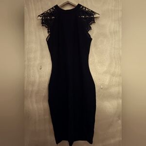 Iris | NWOT | Black Fitted Lace Sleeve Cutout Dress w/ Teardrop Back